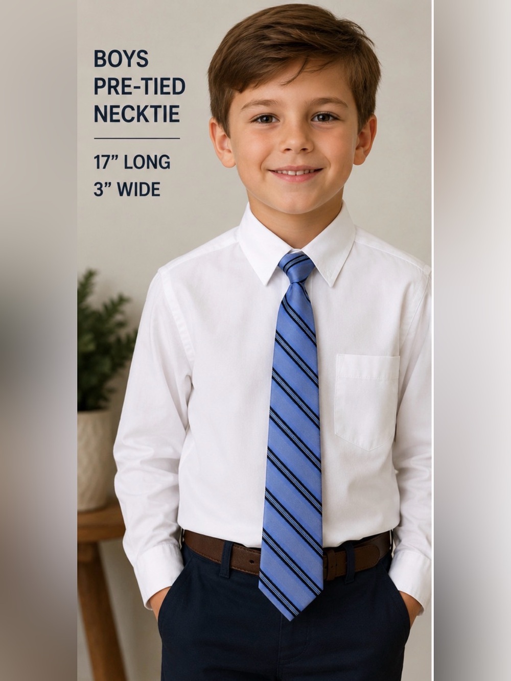 Boys Blue & Black Striped Pre-Tied Necktie 17” Adjustable Dress Tie
